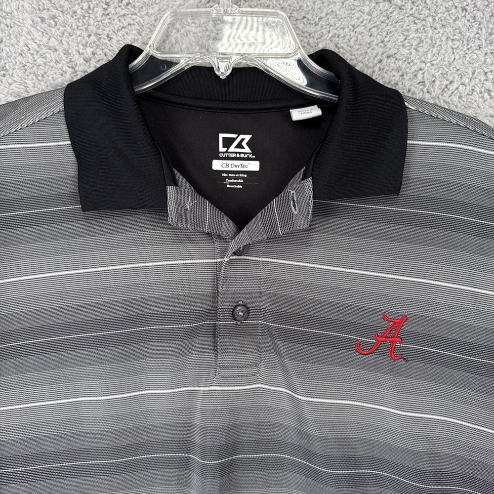 Alabama Crimson Tide Cutter Buck DryTec Polo Shirt Mens Large Gray Stripe Golf